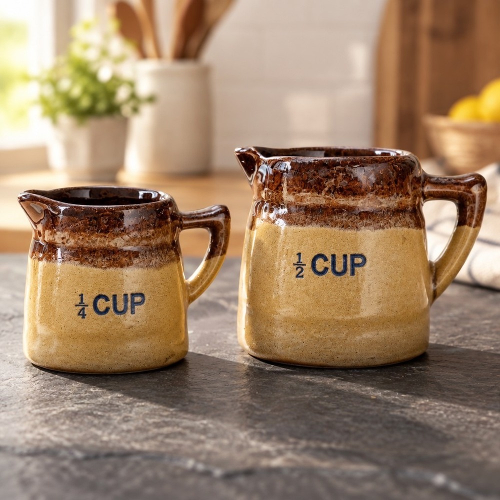 70s Vintage Stoneware Glazed Pottery Measuring Cup Set Brown Tan Kitchen Decor